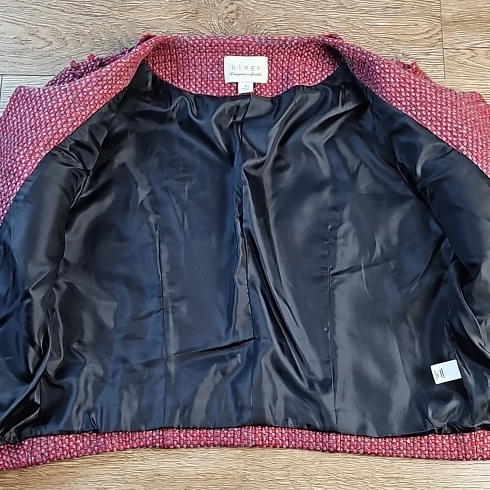 Hinge Wool Blend Red & Grey Tweed Open Front Raw Edge Zipper Detail Jack…